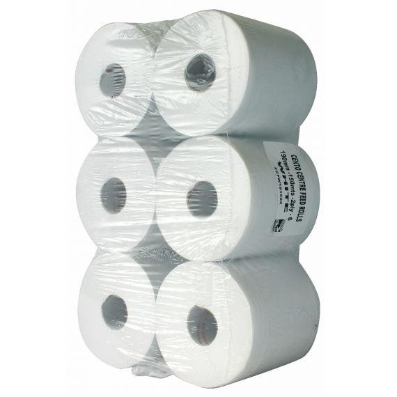 Centre-Feed Paper Roll - White - 150m - 2 Ply - Pack of 6